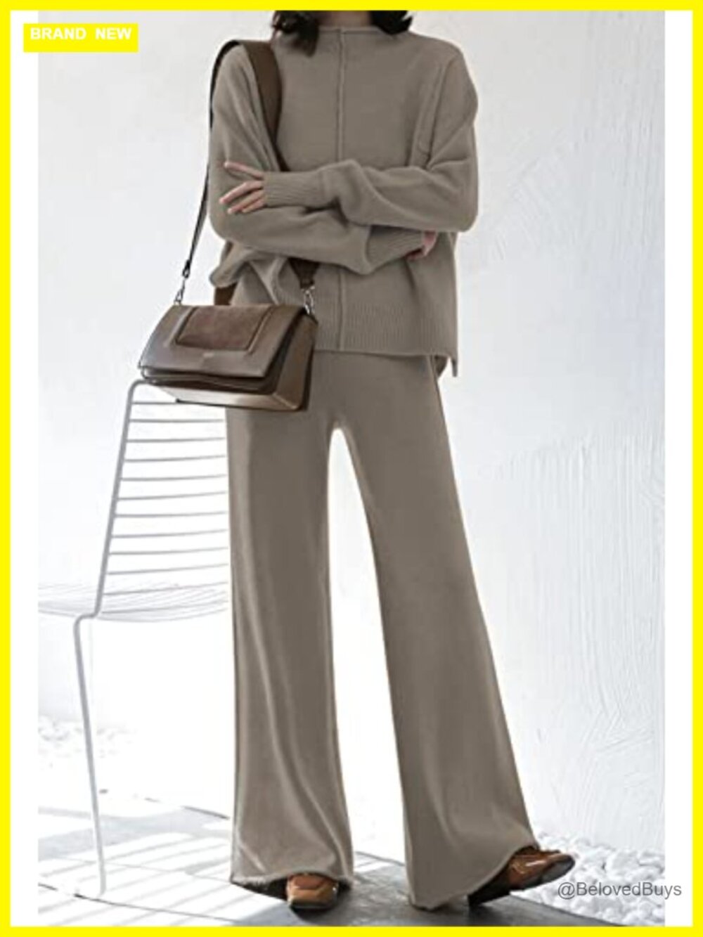 2 Piece Sweater Set High Neck Top Wide Leg Pants Loungewear - Picture 3 of 7